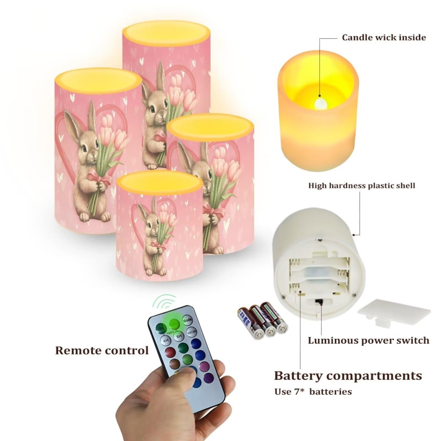NETILGEN Easter Day Decorative Flameless Electric LED Pillar Candles Lamps with Remote Timer Control Long Lasting, 4 Pcs, Tulips Flowers Bunny