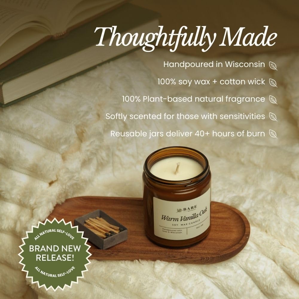 Bare Botanics Non-Toxic Unscented 9oz Soy Candle - 100% Plant-Based Fragrance Oils - Handpoured in WI - 40+ Hrs