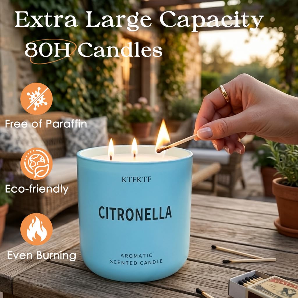 KTFKTF Citronella Candles Outdoor - 14.1oz Large 3 Wick Jar Candle with 80 Hour Burn, Natural Soy Wax, Non-Toxic Outdoor Candle for Patio, Camping, Backyard & Home