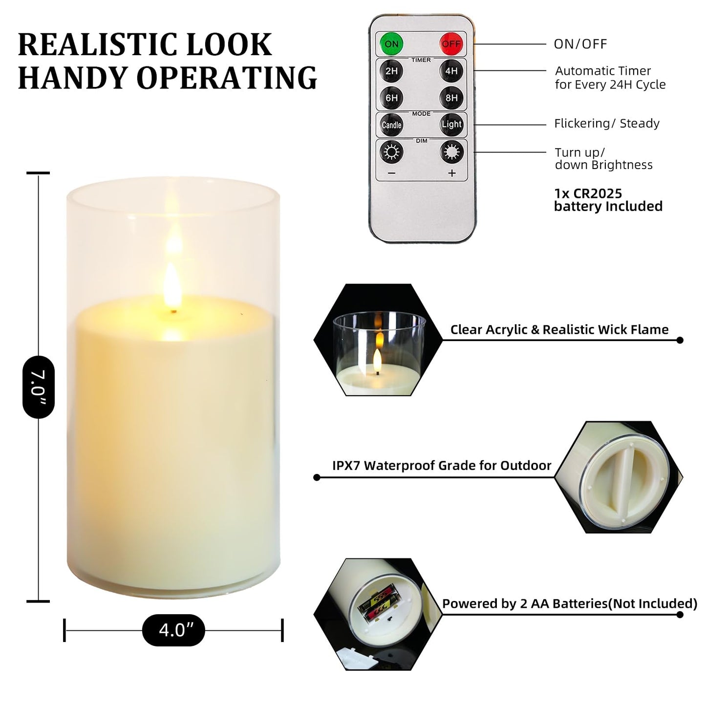 NICEME 7" x 4" Large Waterproof Outdoor Flameless Candles with Remote Control and Timer, Acrylic Outdoor Flickering Candles Battery Operated for Indoor Outdoor Lanterns Patio Porch, Long Lasting 2PCS