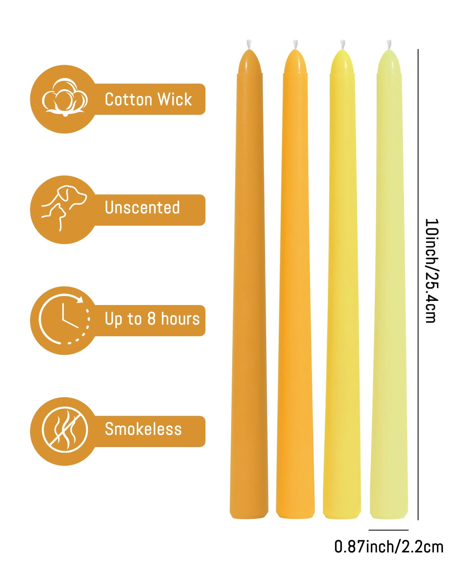 Viyffo Taper Candles 10 Inch Yellow 12 Pack Unscented, Smokeless Long Tall Tapered Candlesticks Wedding Home Decor Dinner Natural Color Series