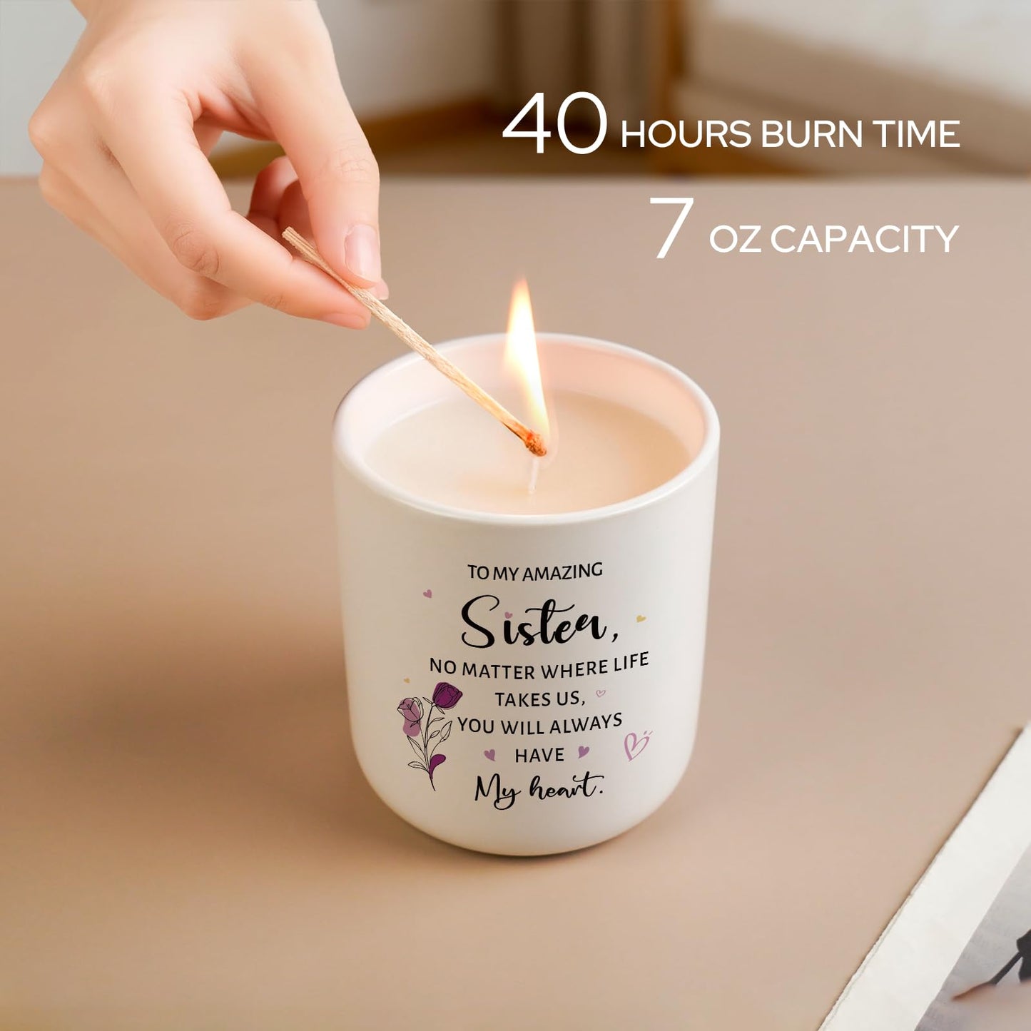 Sister Gifts from Sister or Brother, Unique Birthday Gifts for Sisters, 7oz Lavender Scented Candle in Ceramic Jar, Thank You Soul Sisters Gift for Women