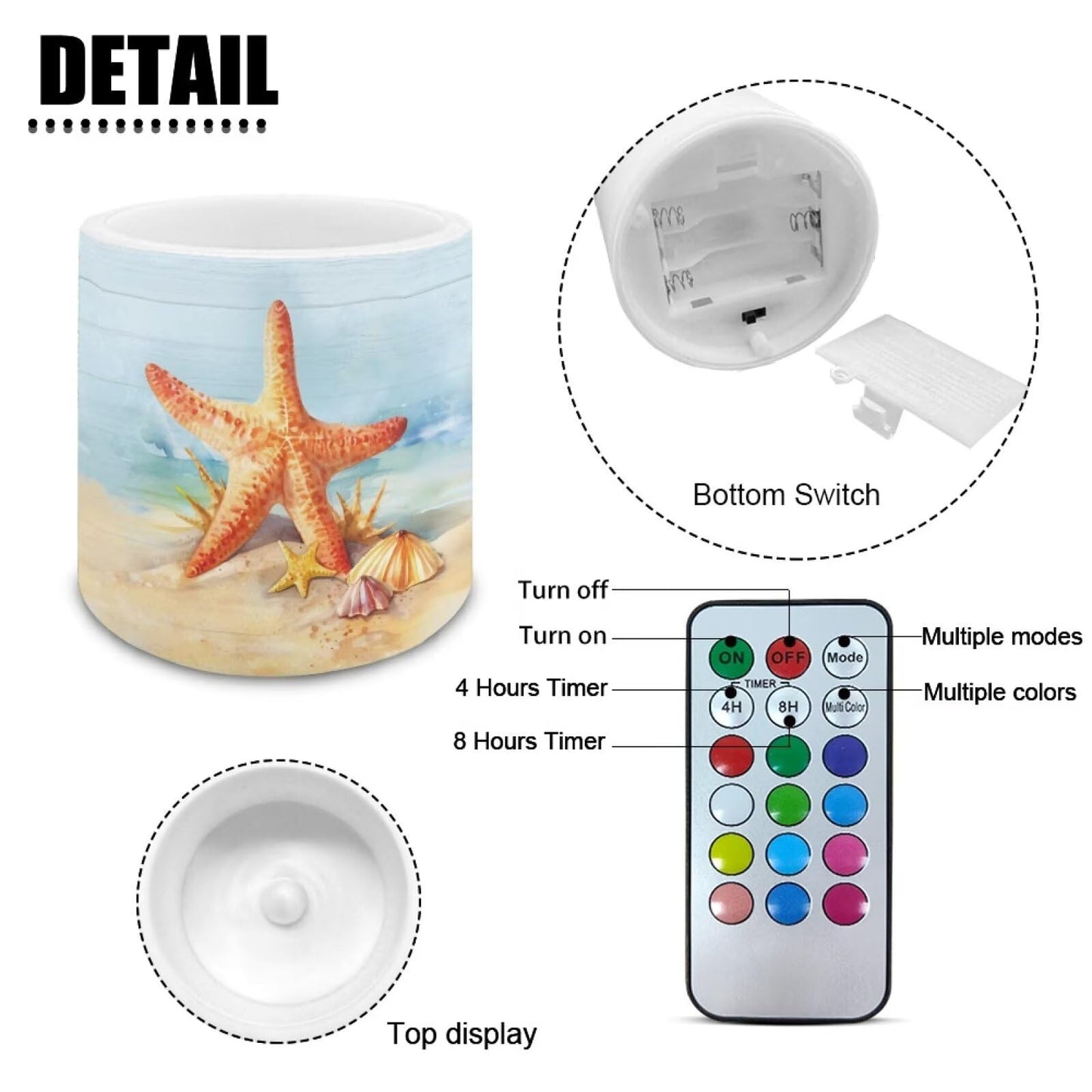 NETILGEN Beach Starfish Print 4 Pieces Flameless Candles with Remote Timer with Battery Operated 3 inch Realistic Flickering Flameless LED Candles Beach Party Decor