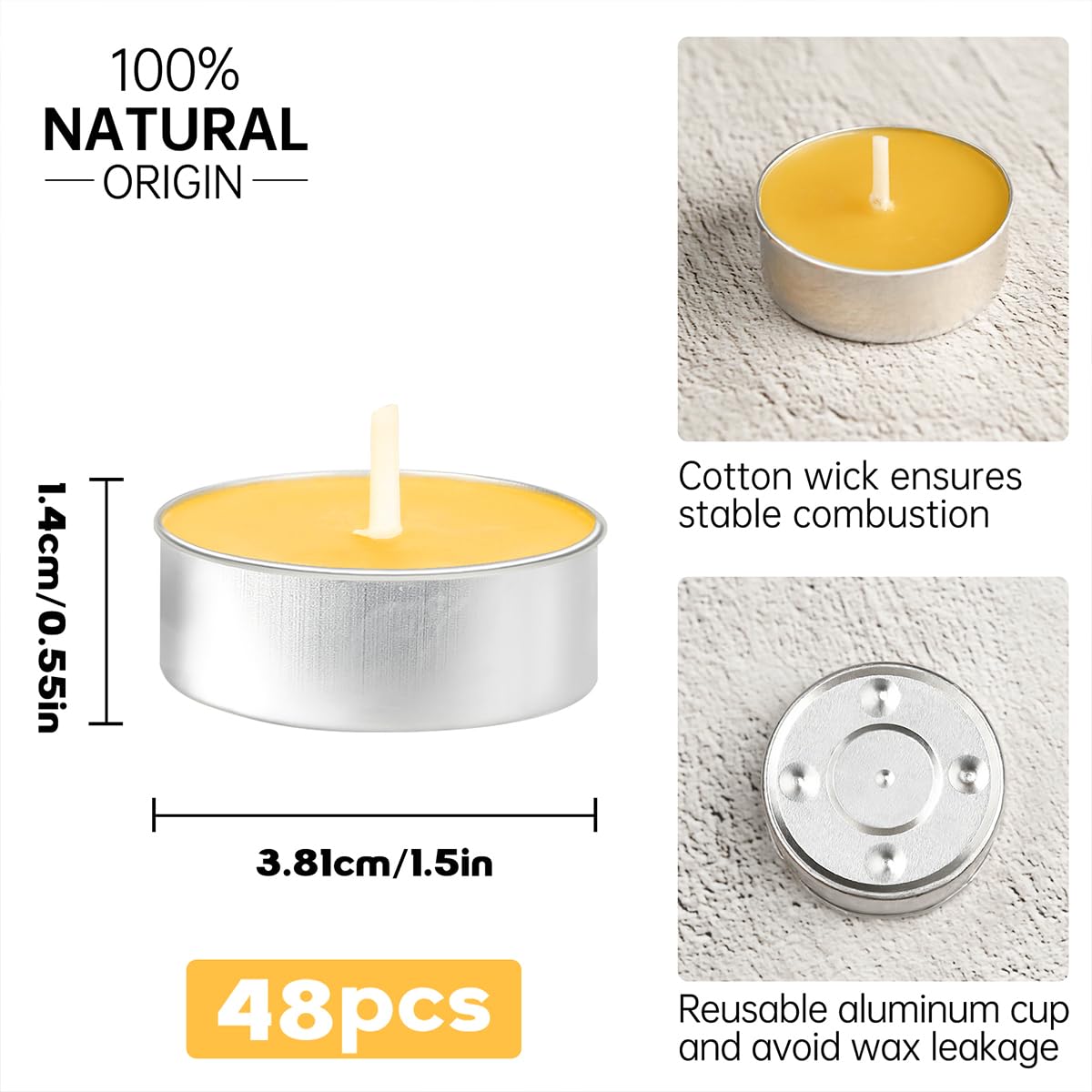 48 Packs Beeswax Tealight Candles, Natural Beeswax Tea Light Candles in Aluminum Cup, 4 Hours Burn Time, Organic Tea Candle for Home Decor, Air Purification, Emergency