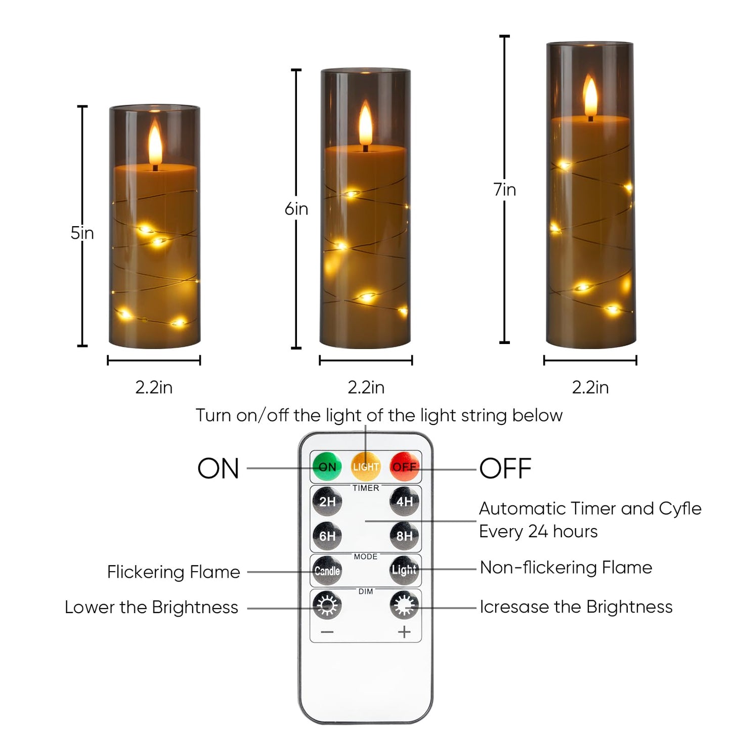 Homemory 12Pcs Flameless Candles with Star String Fairy Lights, Flickering Battery Operated Candles, LED Fake Candles with Remote and Timer, Halloween, Weddings, Home Decor, Grey