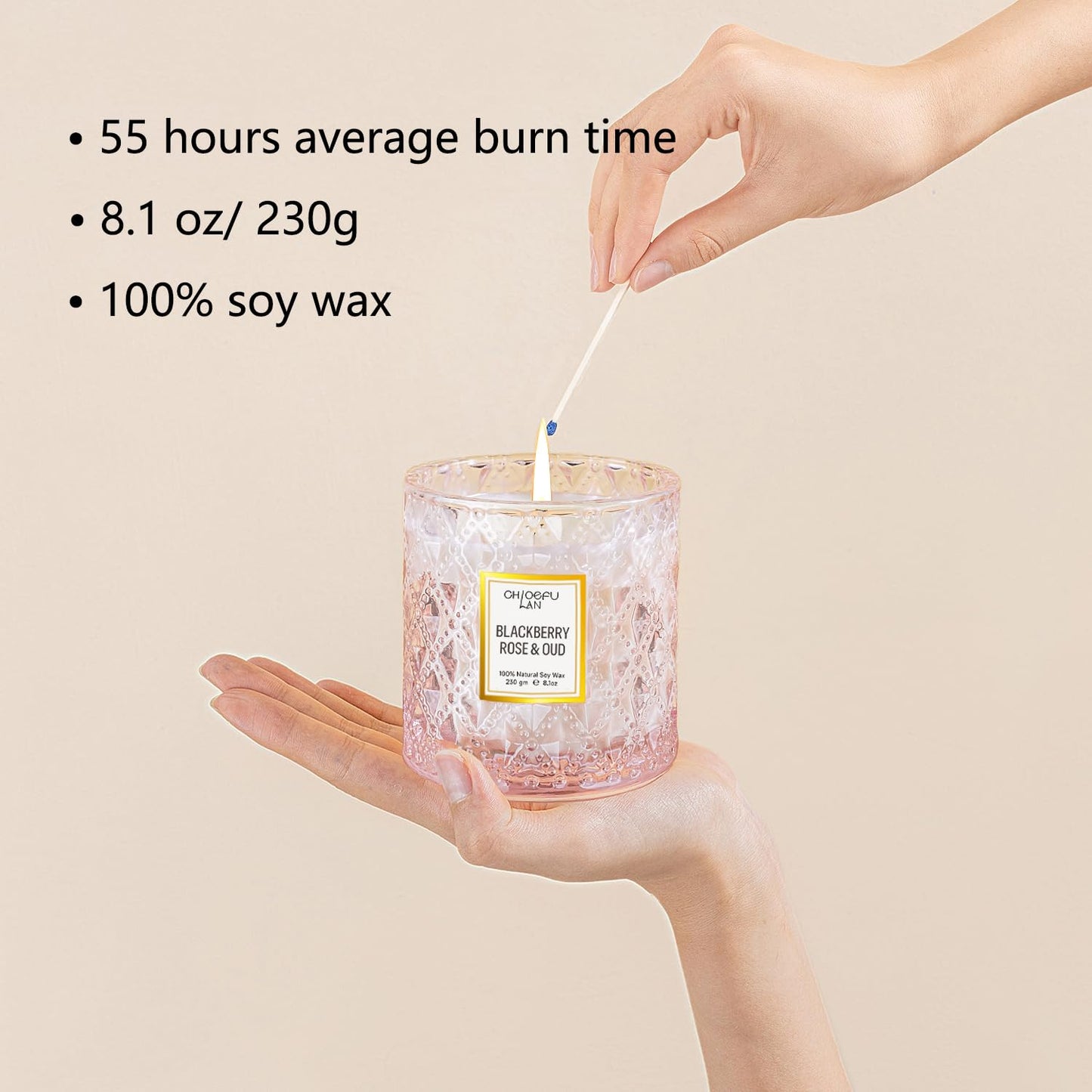 Chloefu LAN Rose Scented Candle, Oud Candle, Mothers Day Candles Gifts for Women, Pink Candles for Home Scented, 55 Hours Long Burning, 100% Natural Soy Wax