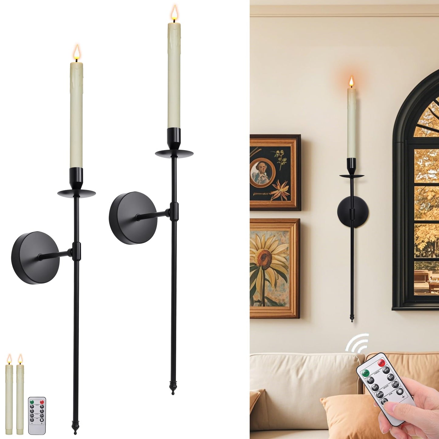 Yollzey Candle Holder Wall Sconces Set of 2 with Battery Operated Candles and Remote Control, Wall Sconces Home Decor, Battery Candle Sticks Holder with Flameless Flickering Taper Timer Black