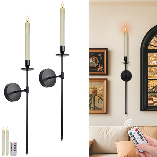 Yollzey Candle Holder Wall Sconces Set of 2 with Battery Operated Candles and Remote Control, Wall Sconces Home Decor, Battery Candle Sticks Holder with Flameless Flickering Taper Timer Black