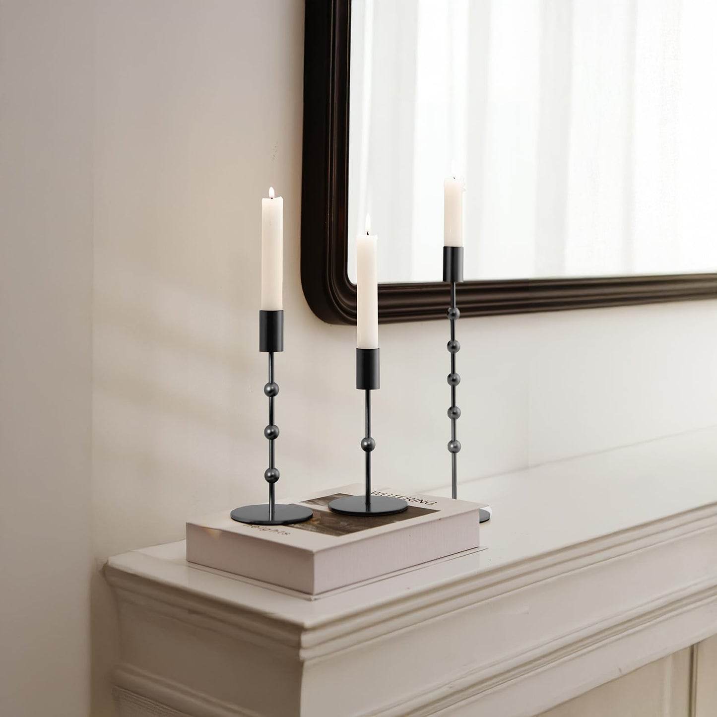 Black Candlestick Holders, Beaded Metal Taper Candle Stick Holders, Set of 3 Candle Holder for Fall Decorations, Tapered Candle Holders, Thanksgiving Table Centerpiece, Halloween Gothic Decor