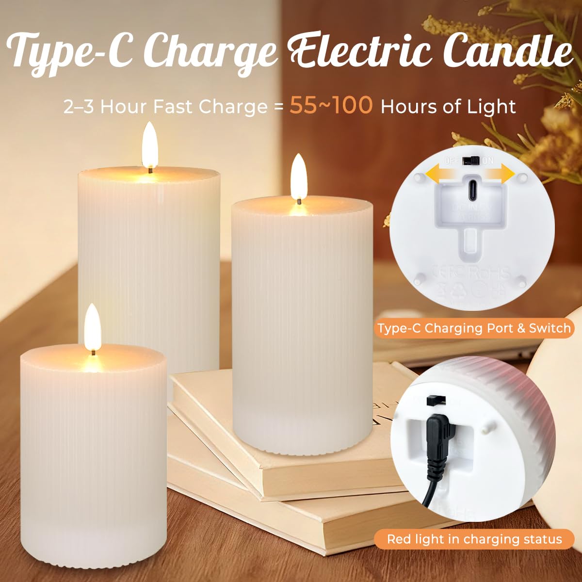 NICE POINT Rechargeable Flameless LED Pillar Candles–Luminous Real Wax Indoor Home Decor–Set of 3, Realistic Flickering LED Flame,Remote & Timer(Light Khaki)