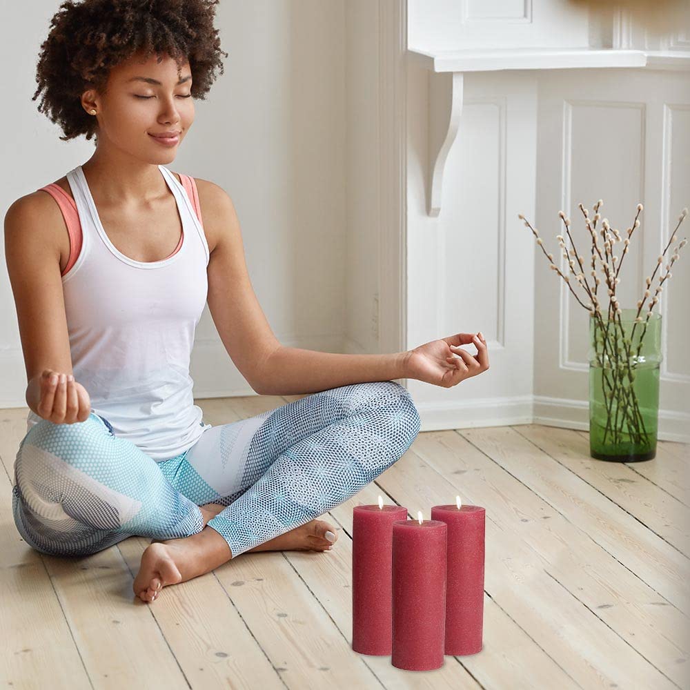 Mottled Pillar Candles by Bask - Set of 6-3" x 6" Dripless Unscented Holiday Candles in Cranberry for Home Decor, Relaxation & All Occasions