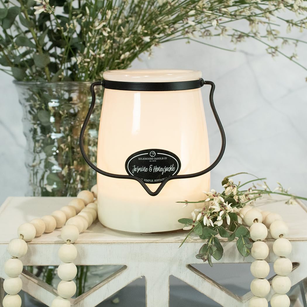 Milkhouse Candle Company Jasmine & Honeysuckle Soy Candles - Honeysuckle | White Jasmine | Citron & Greens Scented - 22 oz Butter Jar with Lid, 120+ Hour Burn Time, Made in the USA