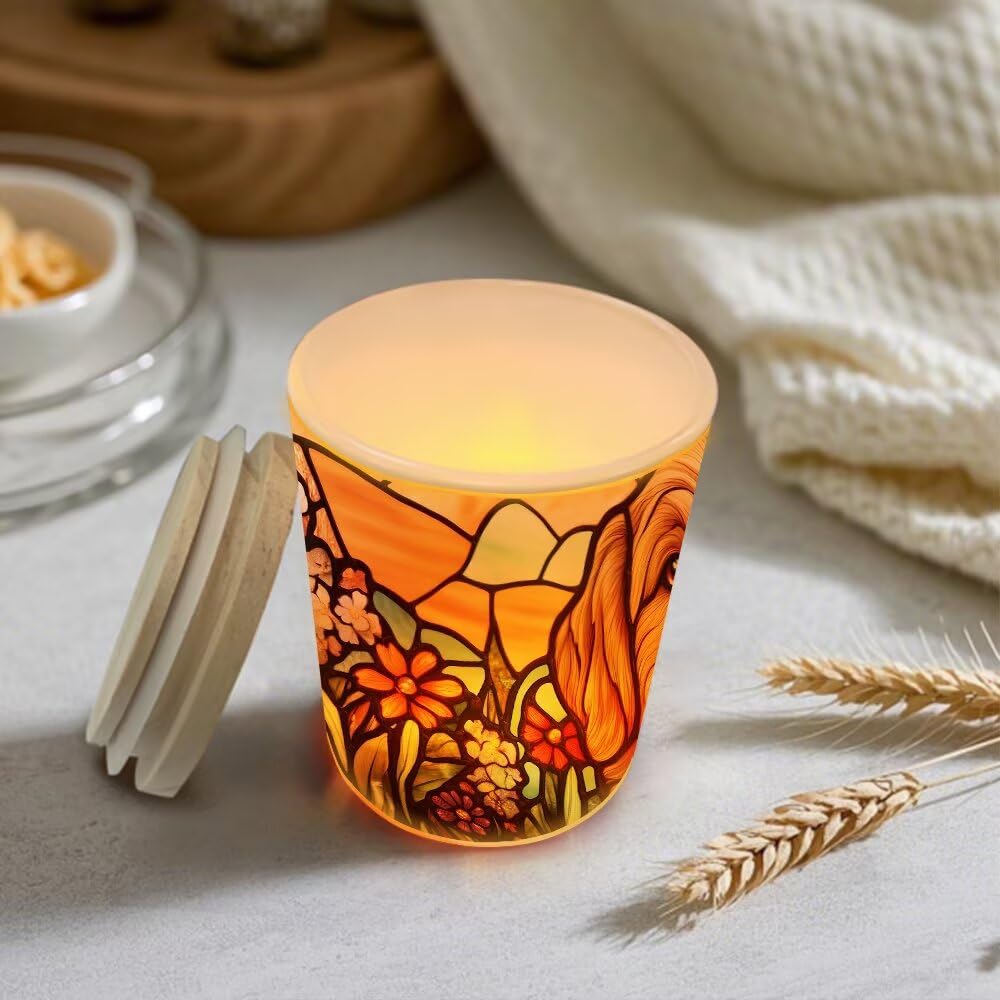 Stained Glass Golden Retriever Dog Tea Light Candle Holders, Pet Memorial Tealight Candle Holder Jar with Wooden Lid, Bereavement Remembrance Votive Candlesticks Dog Memorial Gifts for Loss of Dog