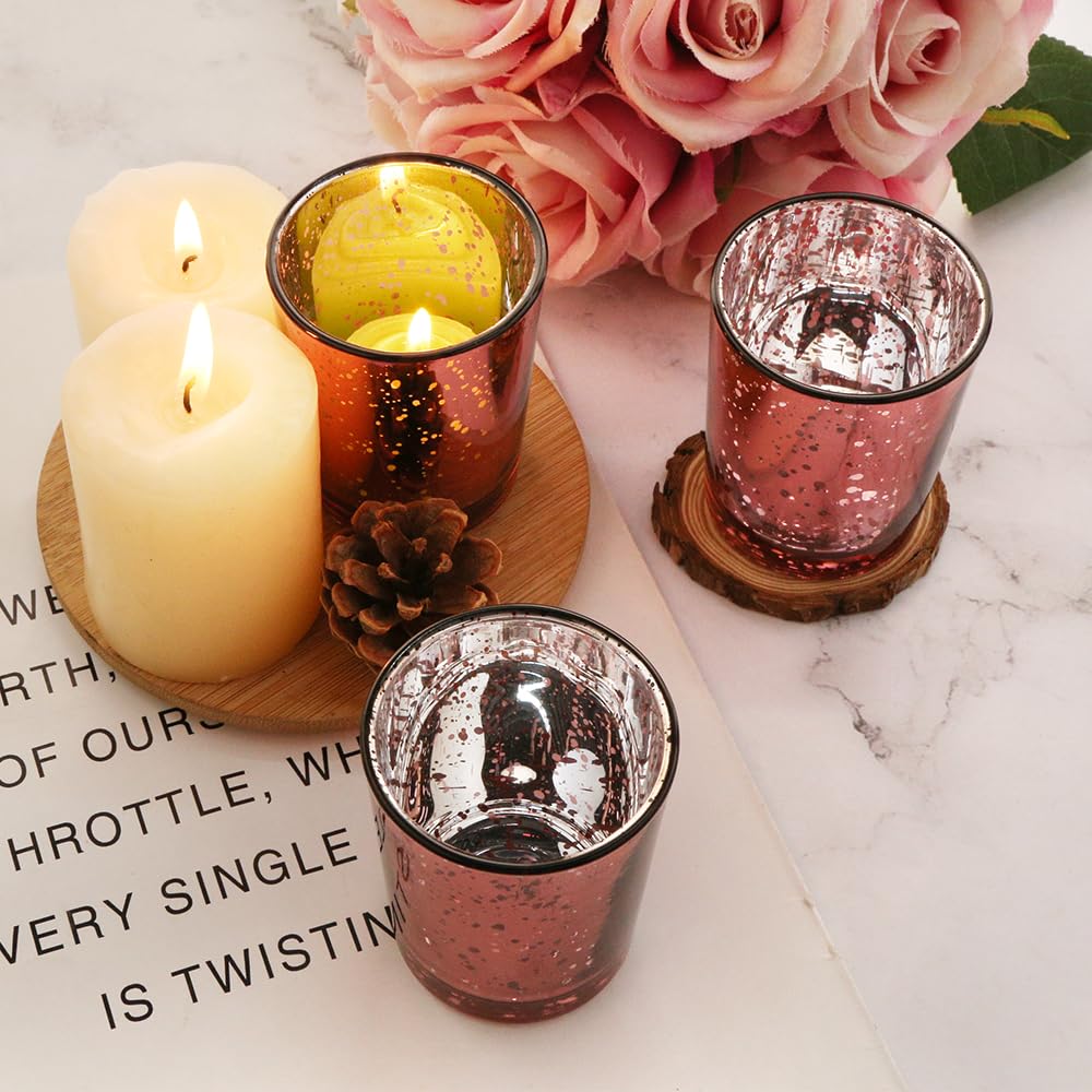 BTGLLAS Pink Mercury Glass Tea Light Holders Set of 36 - Elegant Votive Candle Holders for Weddings, Showers and Home Decor - Perfect for Table Centerpieces and Parties (Glass, Pink)