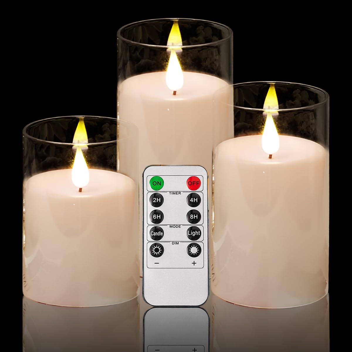 NICEME Flickering Flameless Candles with Remote Control Timer Unbreakable Acrylic Battery Operated LED Candles with Flickering Flame 3D Wick for Romantic Ambience Home Decor Set of 3, D3” xH4” 5” 6”
