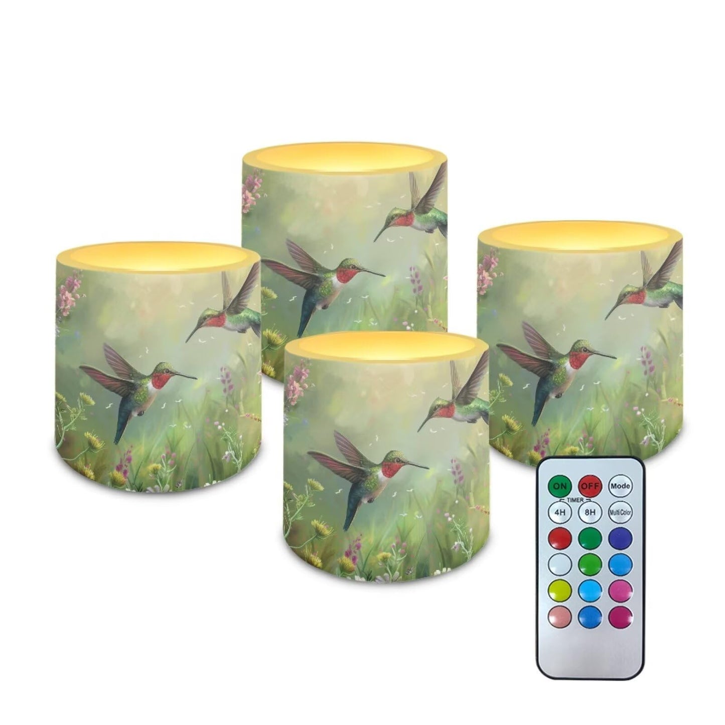 Cozeyat Green Floral Hummimgbird Versatile LED Candles Set of 4 Battery Operated Flameless with Remote Timer Waterproof Dancing Flame for Table Patio Beach Home Decoration