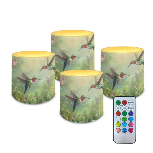 Cozeyat Green Floral Hummimgbird Versatile LED Candles Set of 4 Battery Operated Flameless with Remote Timer Waterproof Dancing Flame for Table Patio Beach Home Decoration