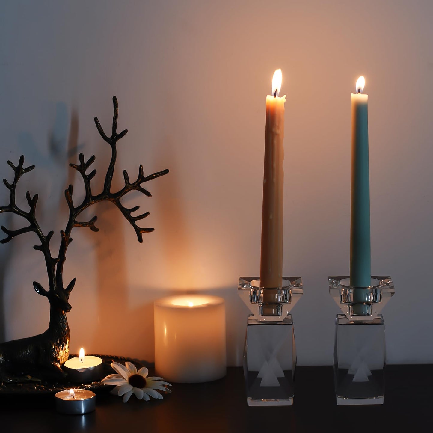 Crystal Candle Holders Set of 2, Clear Taper Candle Holder Decor, Table Centerpieces for Home Party and Wedding Decoration(4.5''Height)