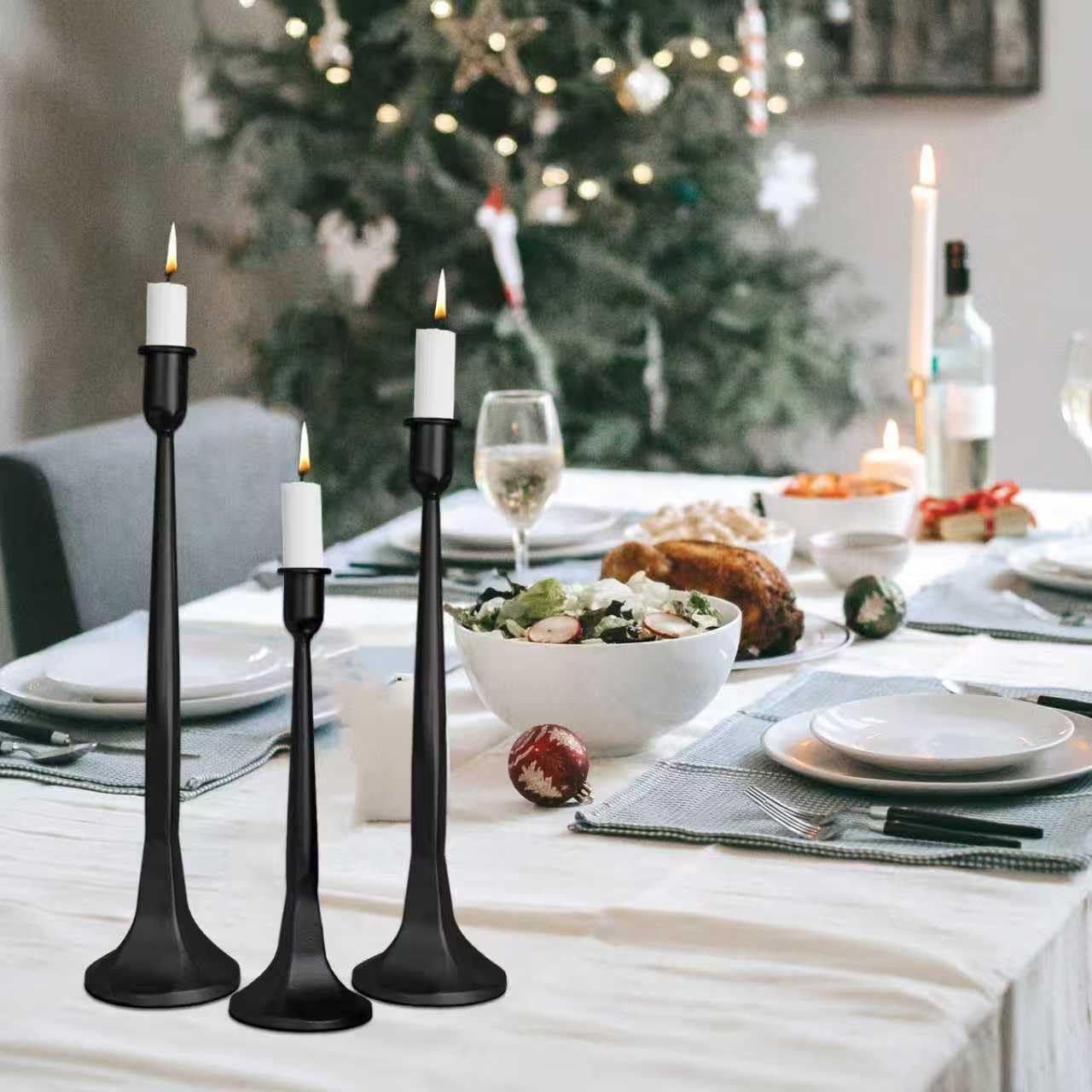 Set of 3 Taper Candle Holders, Cast Iron Candlestick Holders Tall for Wedding, Dining Table, Halloween & Fall Decor, Home Decoration (Black, 12" 14" 15.5")