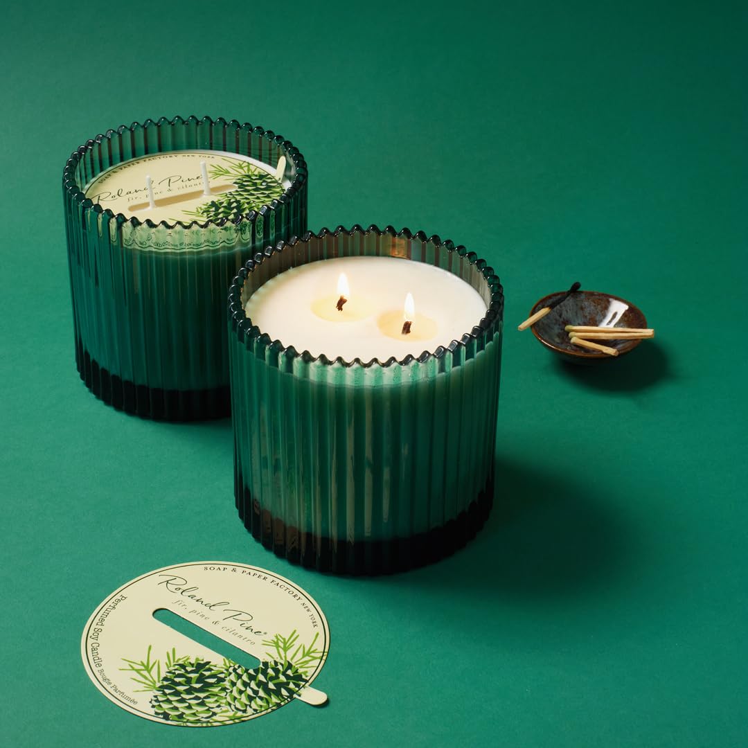 Roland Pine Two-Wick Forest Green Ribbed Glass Candle