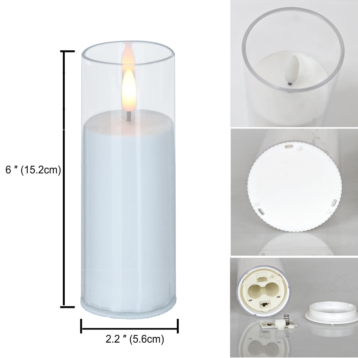 CANDLE CHOICE Indoor Outdoor Flameless Candles with Timer Waterproof Realistic Flickering Battery Operated Pillar LED Lights with Acrylic Shell Wedding Party Christmas Decorations 6 Pack 2”x6” Clear