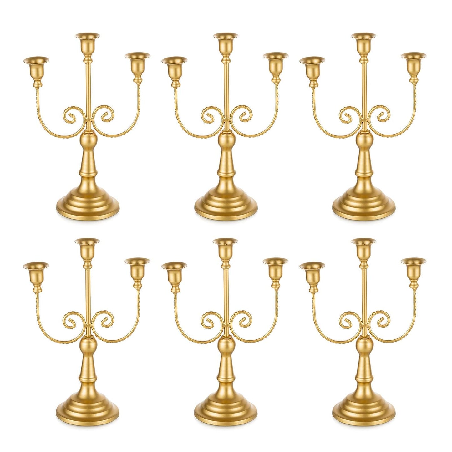 Romadedi Candelabra Gold Candle Holders - 3 Arm 11.8" Wedding Candlestick Holder for Theme Party Table Centerpiece Decor Dining Room Birthday Holiday Christmas, Set of 6
