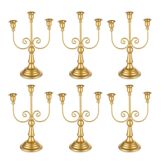 Romadedi Candelabra Gold Candle Holders - 3 Arm 11.8" Wedding Candlestick Holder for Theme Party Table Centerpiece Decor Dining Room Birthday Holiday Christmas, Set of 6