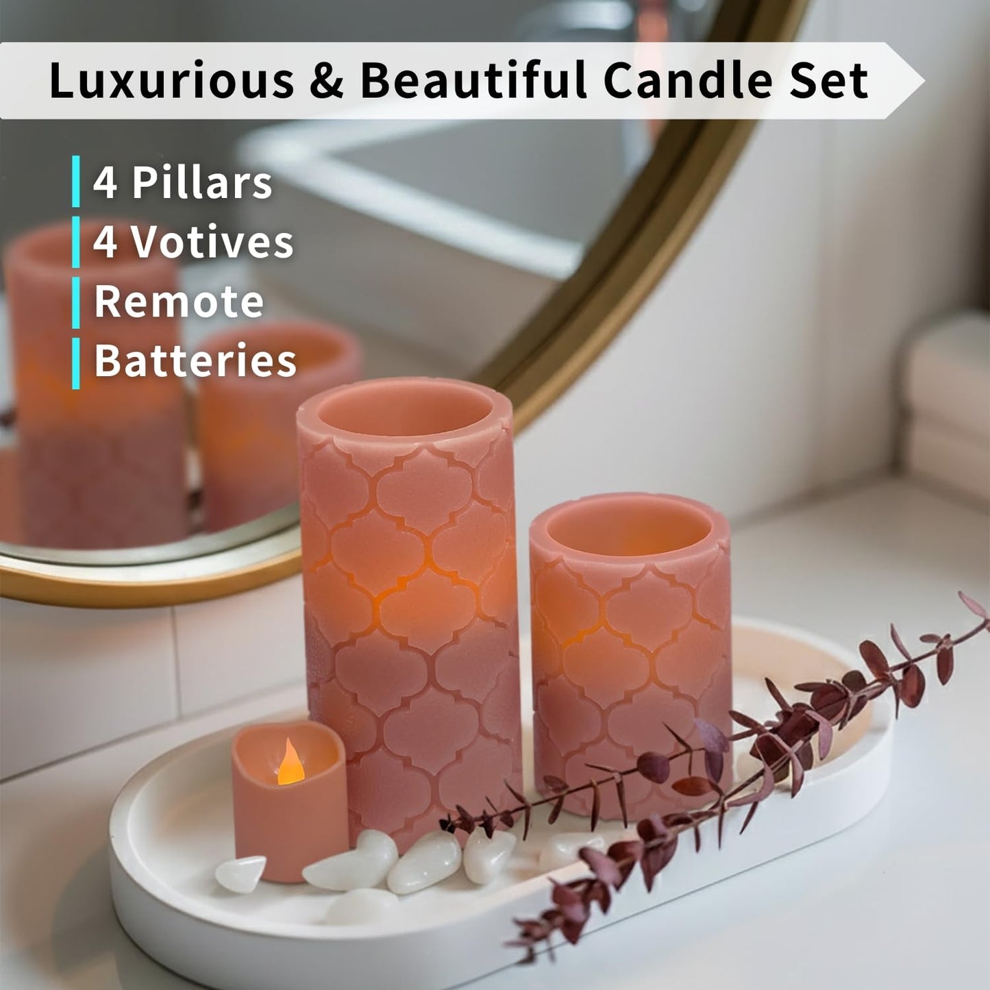 FURORA LIGHTING Dusty Rose Flameless Candles - Real Wax, Adjustable Brightness, Remote & Timer - 4 Pillars (3x4, 3x6) and 4 Votives, 8-Pack, Battery Operated