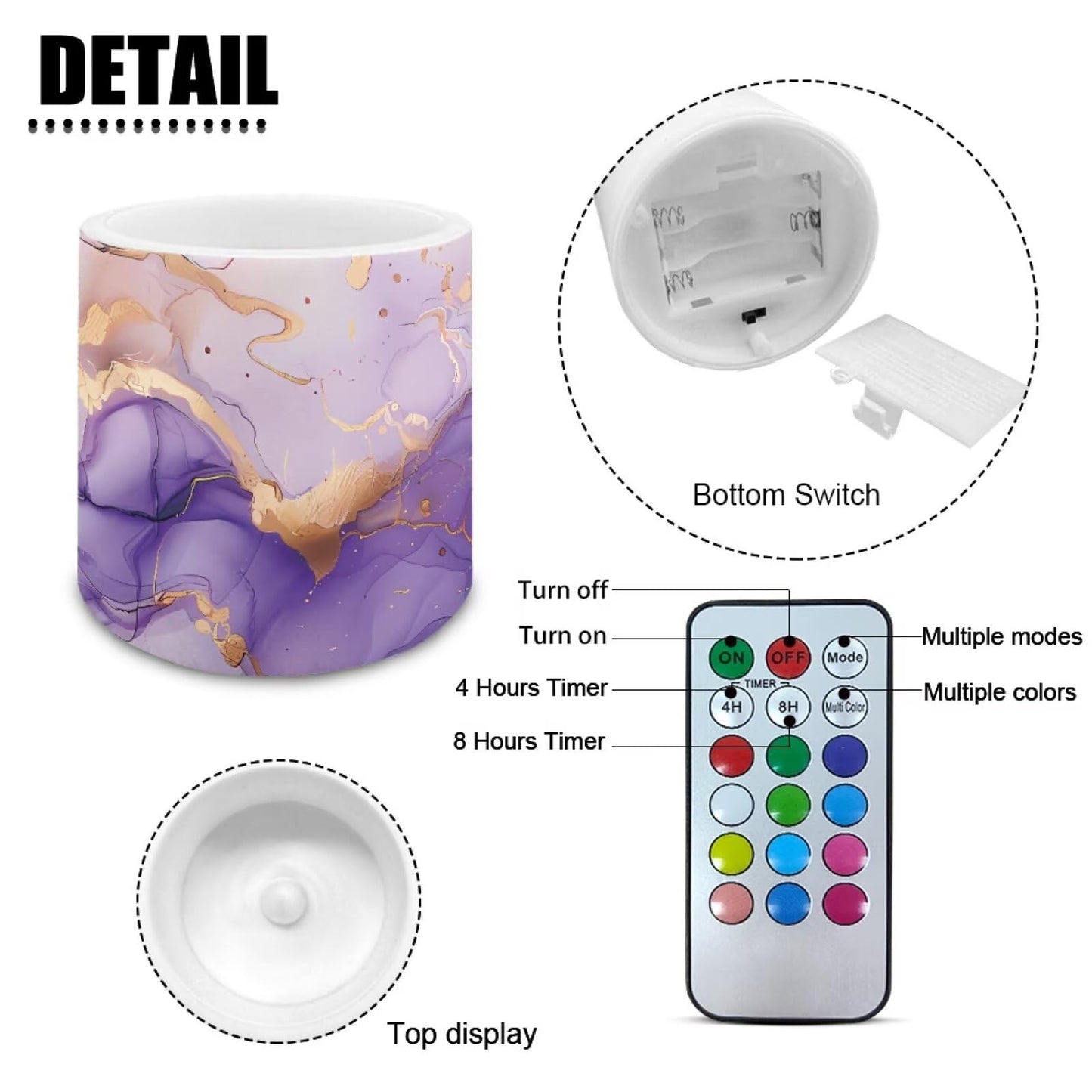 NETILGEN Flameless Candles Pack of 4 Purple Marble Print Realistic Flickering Flameless Candles with Timer Remote Color Changing Battery Operated 3 inch LED Candles
