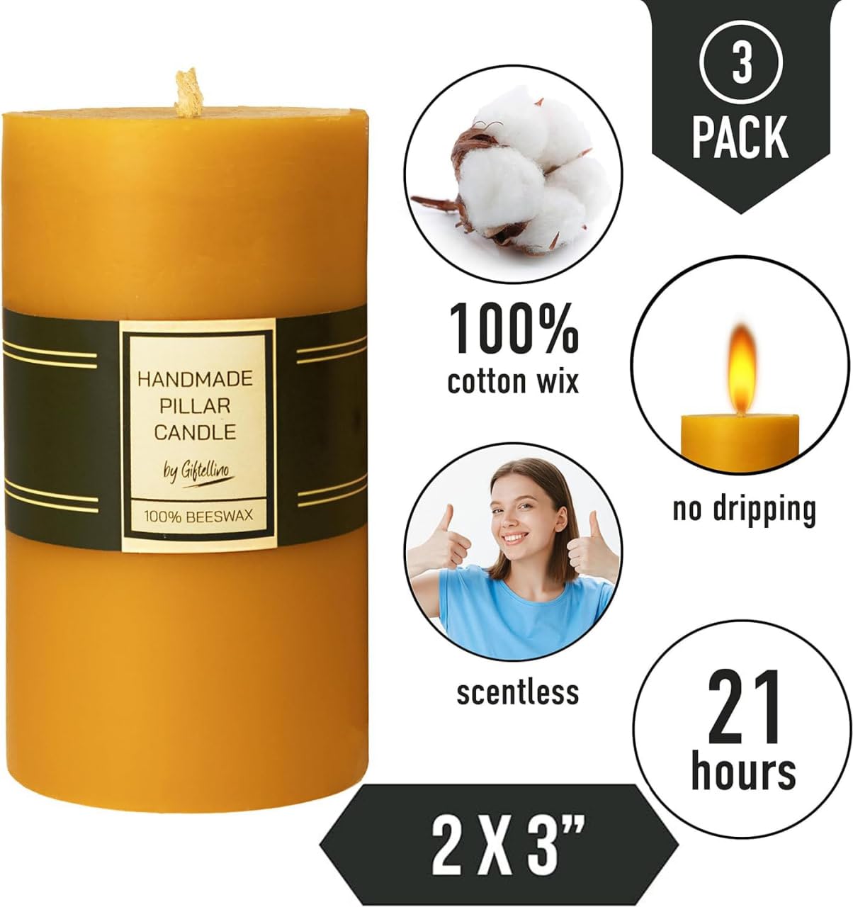 100% Pure Beeswax Pillar Candle Set of 3-21 Hours Lasting Smokeless Pillar Candles with Cotton Wick - Unscented Candle Lover Gift - Dripless Beeswax Pillars