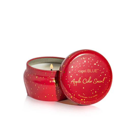 Capri Blue Glimmer Mini Tin - Apple Scented Candle with Mini Candle Holder - Soy Wax Blend - Capri Blue Apple Cider Social Red and Gold (3 oz)