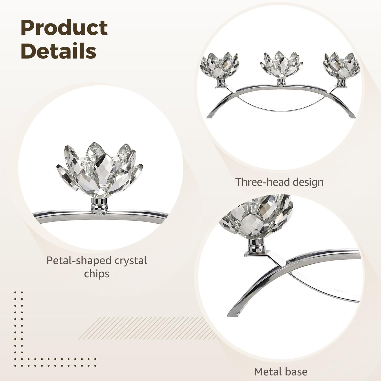 LUMINFLY Crystal Lotus Candle Holders, 11.4 in Silver Table Centerpiece, 3-Head Lotus Candlestick with Glass Petals, Nickel-Plated Metal, for Home Decor, Wedding, Dining