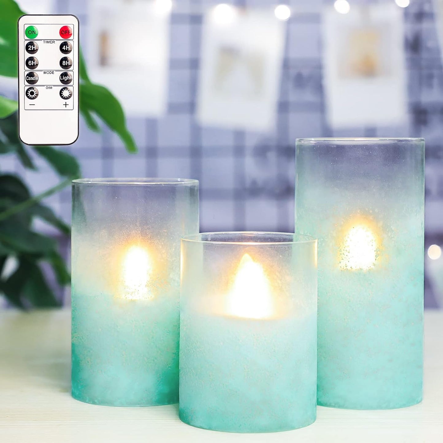 FLAVCHARM Blue Flameless Candles with Remote Aqua Glass Handmade Sandblast Battery Operated Candles Flickering Decorative LED Pillar Candles for Home Bathroom Coastal Theme Wedding Decorations