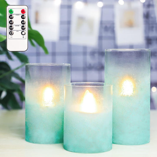 FLAVCHARM Blue Flameless Candles with Remote Aqua Glass Handmade Sandblast Battery Operated Candles Flickering Decorative LED Pillar Candles for Home Bathroom Coastal Theme Wedding Decorations