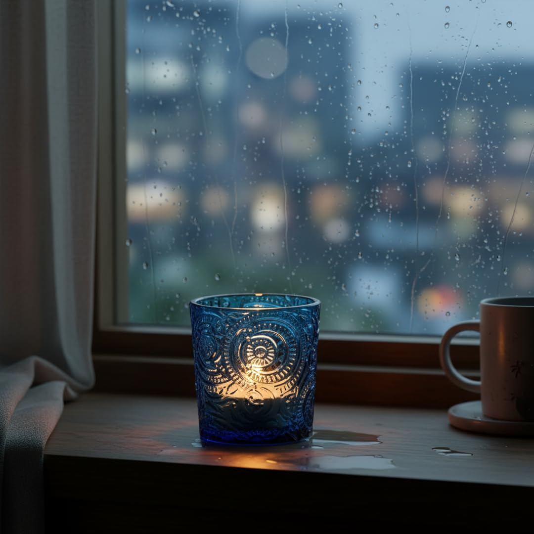 6 Pack Patented Sun Moon Star Embossed Glass Tea Light Candle Holders - Unique Votive Candle Holders for Wedding, Party, and Table Centerpieces (Ocean Blue)