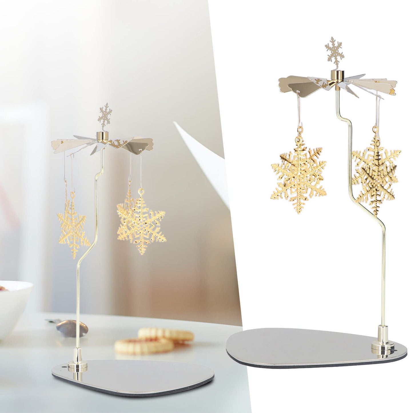 Rotating Candle Holder, Romantic Heat Activated Spinner Decor for Home Wedding Stainless Steel Gold Snowflake 18cm with Round Tray No Candle Cup