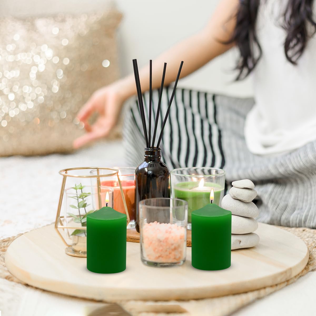 Small Green Pillar Candles, Unscented Dripless 2x3 Inch Tapered Column Candles for St. Patrick's Day, Home, Party, Dinner Table, 24 Hours Burning, Set of 8