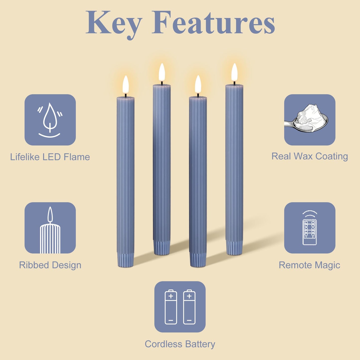 Girimax Dusty Blue Ribbed Fluted Flameless Taper Candles with Remote, Flickering Battery LED Wax Candlesticks Wedding Home Decor Set of 4