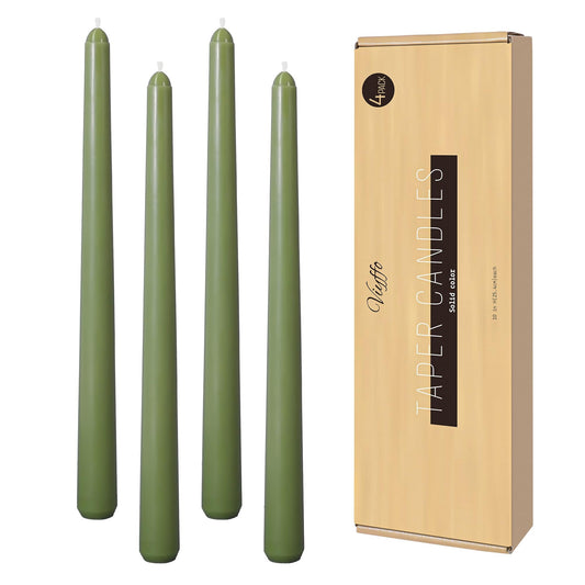 Viyffo Taper Candles, 10 Inch, 4 Pack, Olive Glow – Unscented, Dripless & Smokeless Design, Up to 8 Hour Burn – Long Tall Taper Candlesticks for Wedding, Dinner & Home Decor