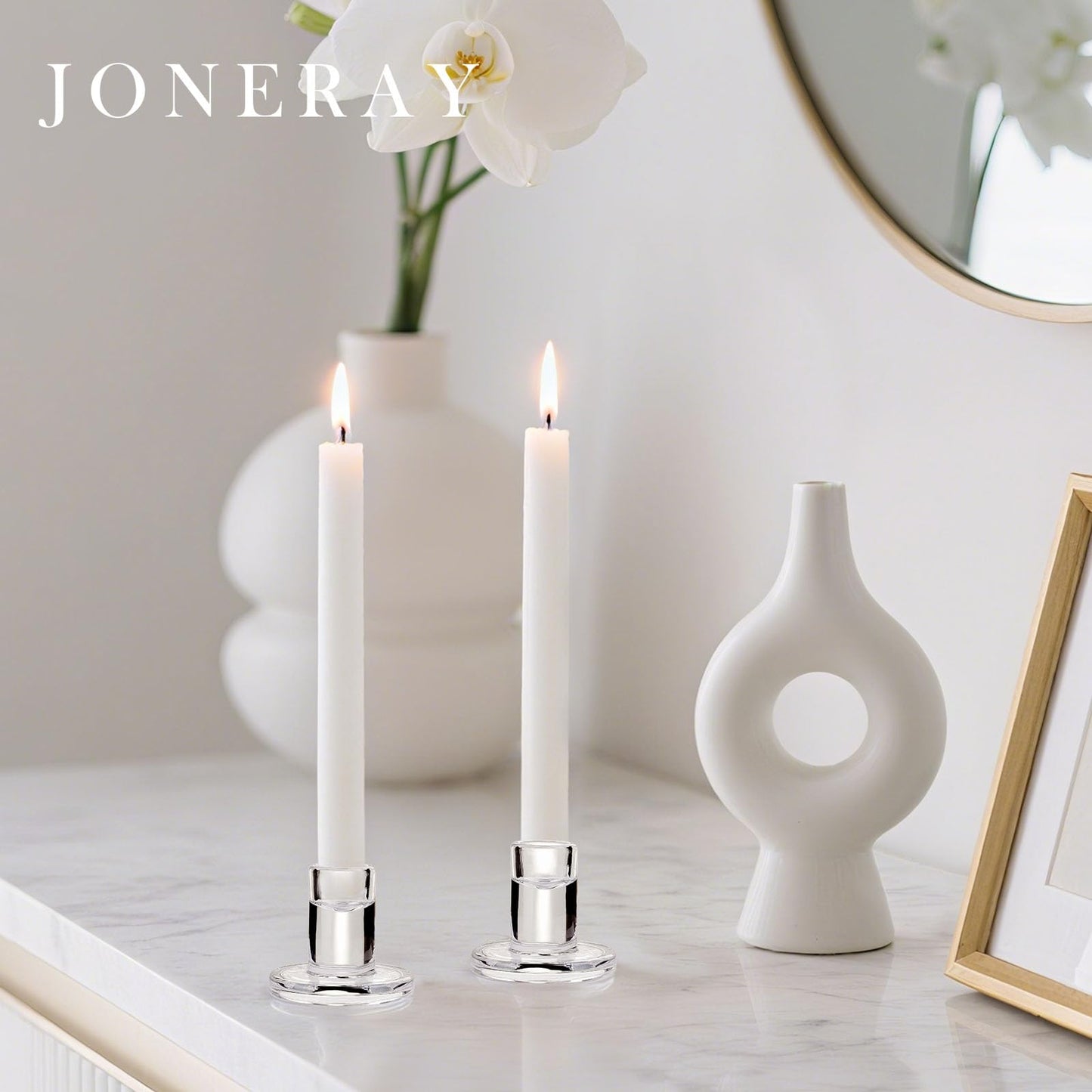 JONERAY 24-Pack Candlestick Holders Bulk - Thick Glass, Amber Taper Candle Holders for Wedding Banquet, Anniversaries
