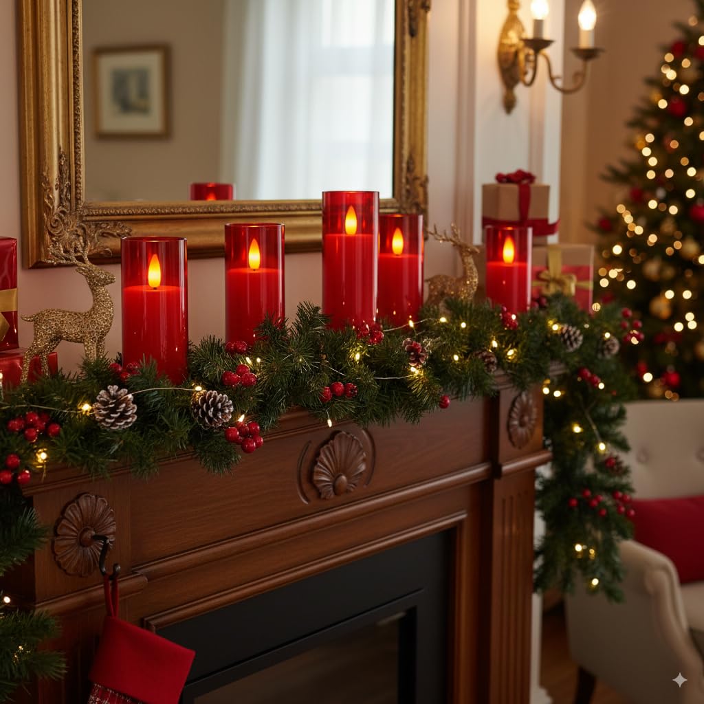 Homemory Decorative Flameless Candles, Battery Operated Candles with Remote & Timer, Flickering Led Pillar Candles, Plexiglass, Red, Pack of 9, D2.2 xH 5" 6" 7"
