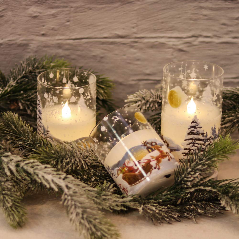 Wondise Santa Claus Glass Flameless Candles Remote and Timer, Battery Operated Real Wax LED Flickering Pillar Candles White Cold Light Window Christmas Holiday Decor D3 x H4, 5", 6"