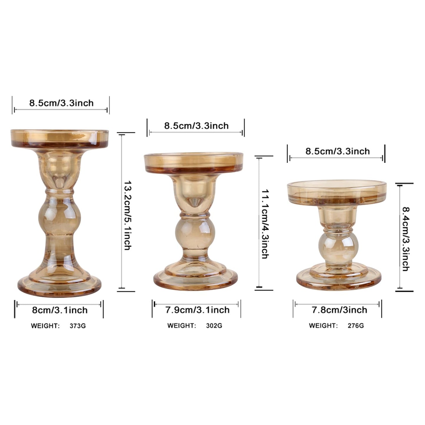 BTGLLAS 6-Piece Set of Amber Glass Candlestick, Crystal Candlestick Holder Holder and Conical Candle, Christmas Candle Holder Decoration, Family Living Room Wedding Candle Holder (Amber 2sets)