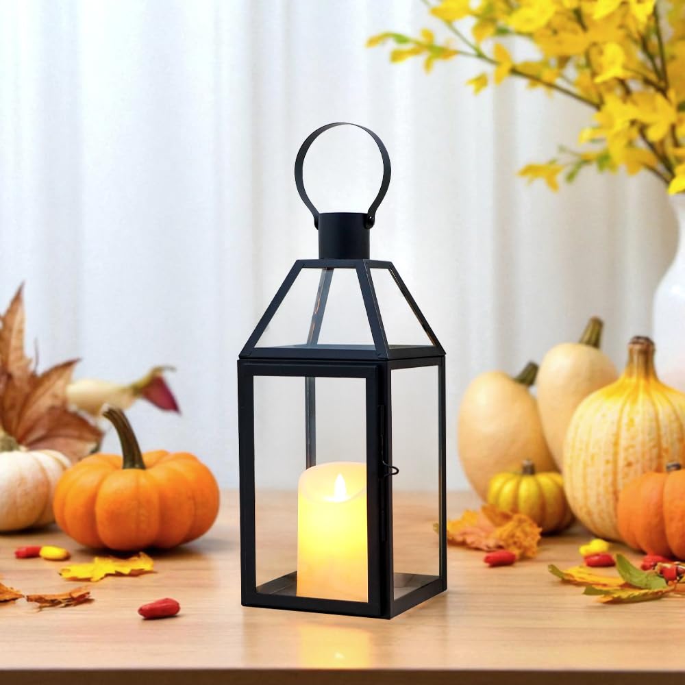 JHY DESIGN Black Decorative Lanterns 16“H Decorative Candle Lantern with Tempered Glass for Indoor Outdoor Events Parities and Weddings