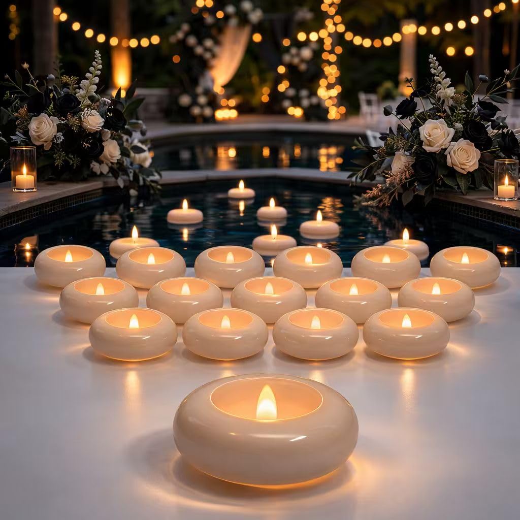 Aignis 24pcs Flameless Floating Candles Waterproof, 200Hr 3”LED Floating Tea Lights with Battery, Water-Activated Candles for Pool, Wedding Centerpieces, Bath & Spa, Home Decoration (Elegant White)