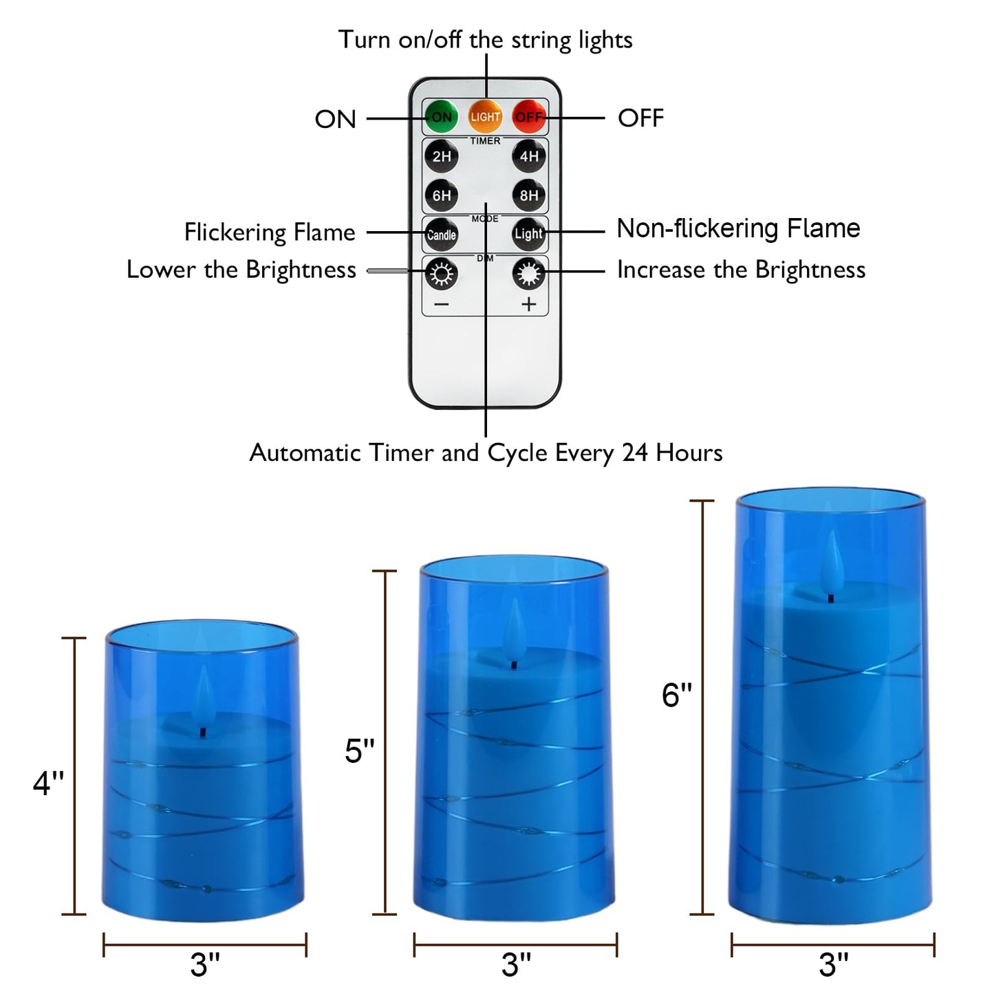 Homemory Flameless Candles with Embedded Star String Fairy Lights, Battery Operated Candles, LED Candle, Fake Candles with Remote Control and Timer, Blue, Set of 3(H 4" 5" 6”)