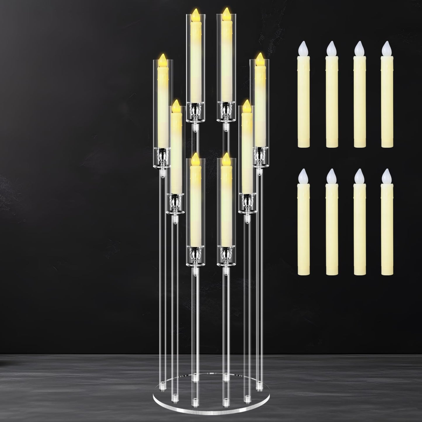 Cheloment 8 Arms Acrylic Candelabra Centerpieces for Tables, 38.5" Tall Clear Candle Holder for Wedding Dinner Party and Home Decor,Candlesticks Holder with LED Candles