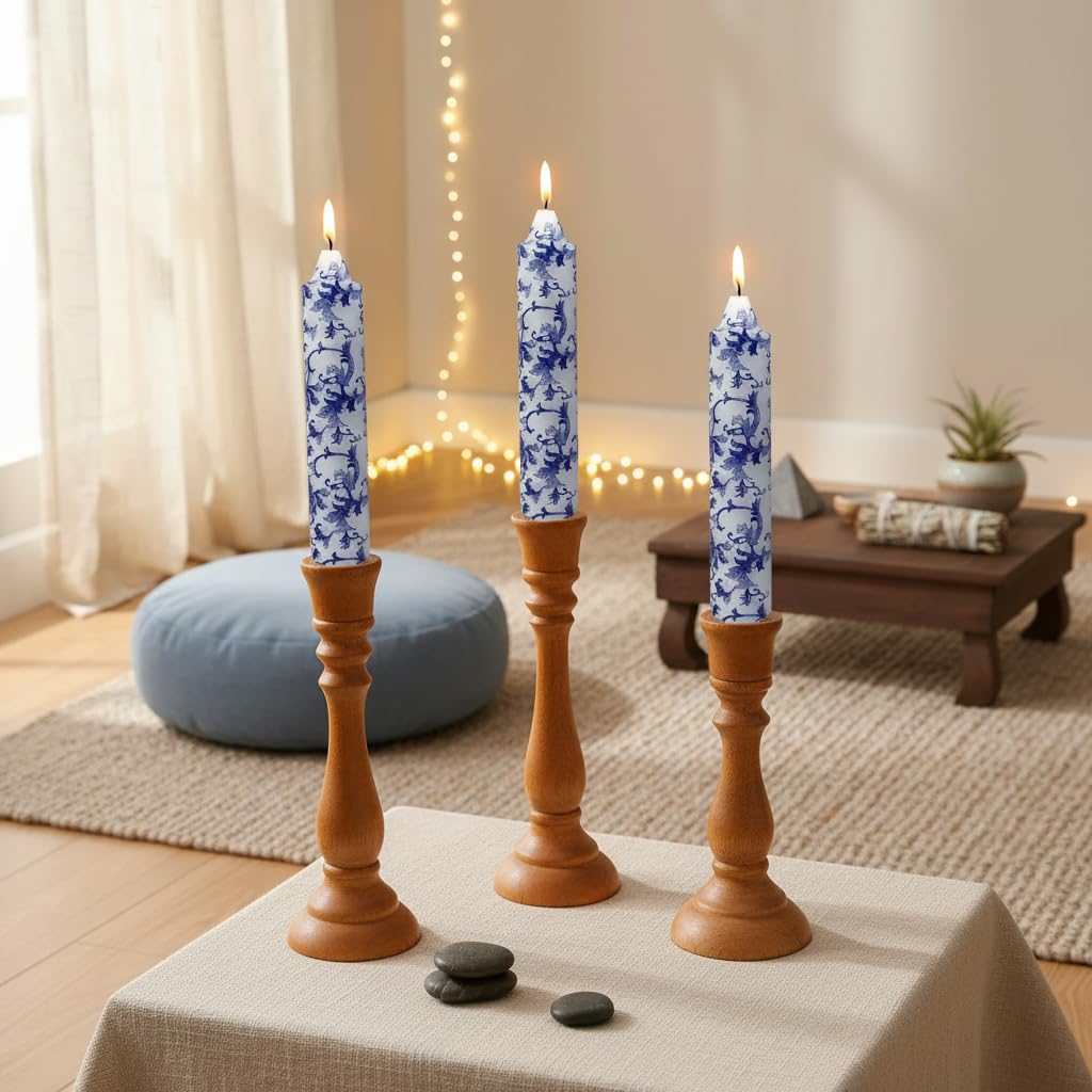 7 Inch Blue and White Short Taper Candles Hand Poured Unscented Smokeless Clean Burning Chinoiserie Taper Candles for Wedding Dinner Home Meditation Morning Coffee Ritual Breakfast Table Everyday