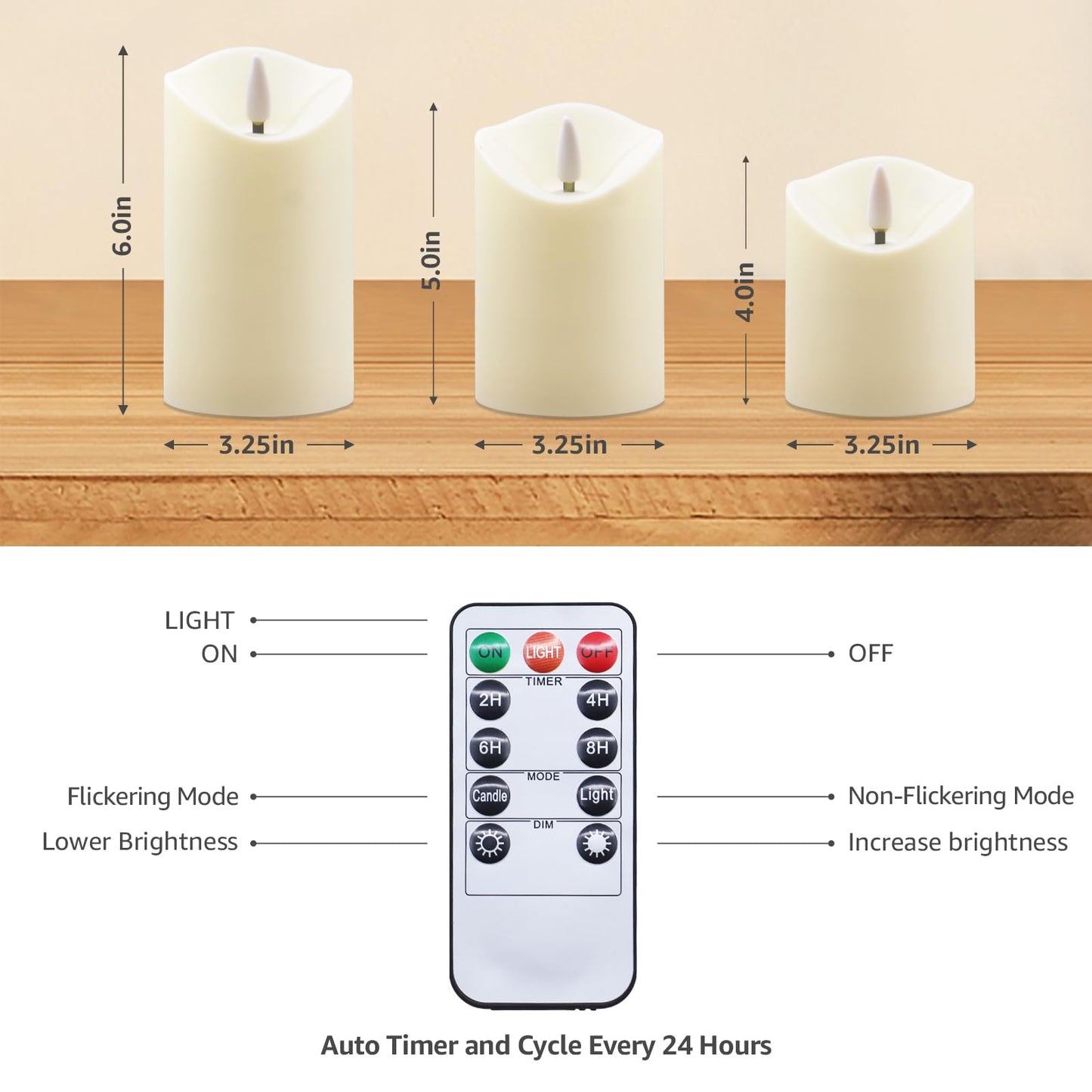 uuffoo Flameless Candles with Timer 3Pc Battery Operated Flickering Pillar Candle w/Remote, 3D Wick Acrylic LED Pillar Candles for Halloween Christmas Home Decoration (Ivory)