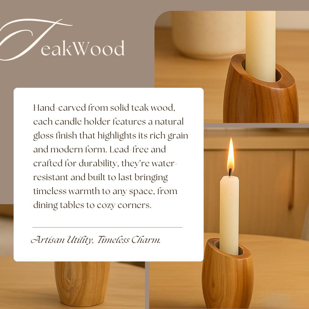 IXXORA Hand-Carved Teak Wood Pillar Candle Holder, Medium (2.5” x 2.5” x 3.6”) | Rustic Modern Wooden Candle Stand for Home Decor, Table Centerpiece, Living Room, Fireplace Mantel & Gifts